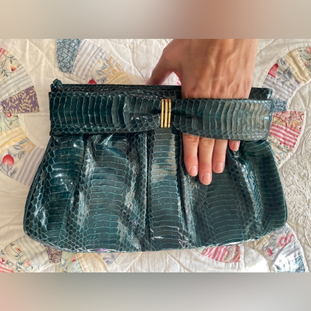Vintage J Renee Emerald green clutch bag wedding prom 80s bow strap large purse - Picture 8 of 11